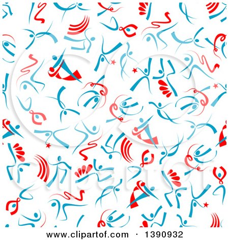Clipart of a Seamless Background Pattern of Red and Blue Ribbon People Dancing or Jumping - Royalty Free Vector Illustration by Vector Tradition SM