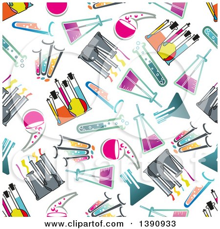 Clipart of a Seamless Background Pattern of Science Beakers, Flasks and Test Tubes - Royalty Free Vector Illustration by Vector Tradition SM