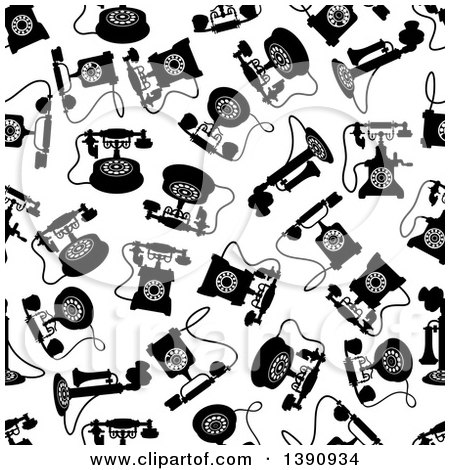 Clipart of a Seamless Background Pattern of Black and White Antique Telephones - Royalty Free Vector Illustration by Vector Tradition SM