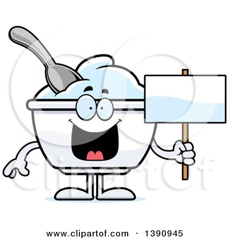 Clipart of a Cartoon Plain Yogurt Mascot Character Holding a Blank Sign - Royalty Free Vector Illustration by Cory Thoman