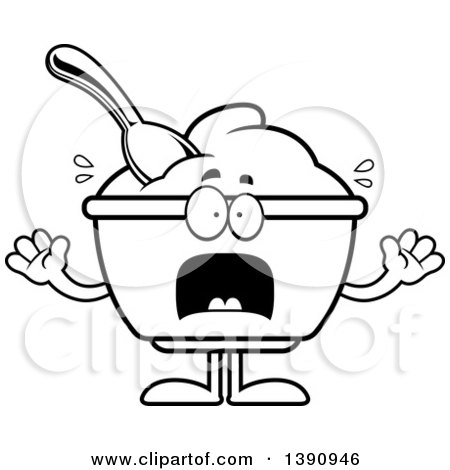 Clipart of a Cartoon Black and White Lineart Scared Yogurt Mascot Character - Royalty Free Vector Illustration by Cory Thoman