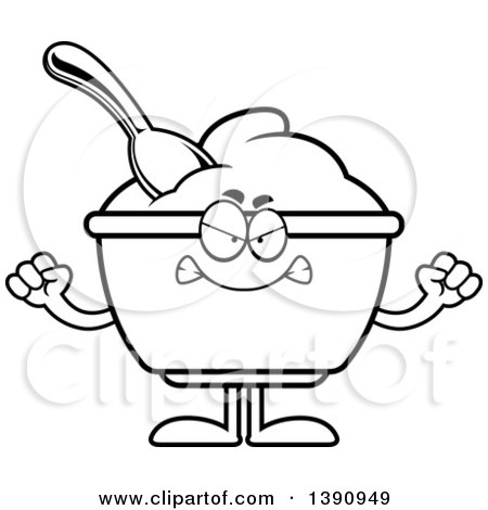 Clipart of a Cartoon Black and White Lineart Mad Yogurt Mascot Character - Royalty Free Vector Illustration by Cory Thoman