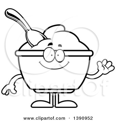 Clipart of a Cartoon Black and White Lineart Friendly Waving Yogurt Mascot Character - Royalty Free Vector Illustration by Cory Thoman