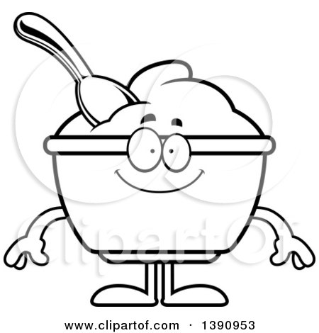 Clipart of a Cartoon Black and White Lineart Happy Yogurt Mascot Character - Royalty Free Vector Illustration by Cory Thoman