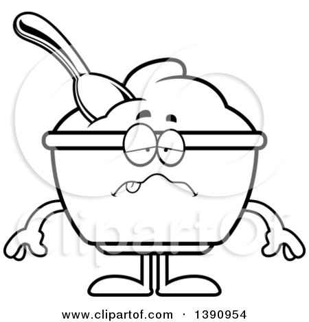 Clipart of a Cartoon Black and White Lineart Sick Yogurt Mascot Character - Royalty Free Vector Illustration by Cory Thoman