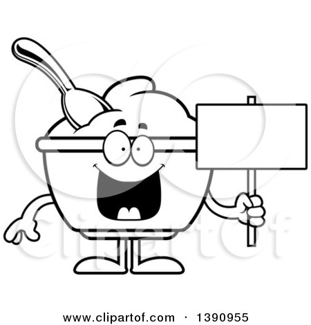Clipart of a Cartoon Black and White Lineart Yogurt Mascot Character Holding a Blank Sign - Royalty Free Vector Illustration by Cory Thoman