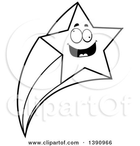 Clipart of a Cartoon Black and White Lineart Crazy Shooting Star Mascot Character - Royalty Free Vector Illustration by Cory Thoman