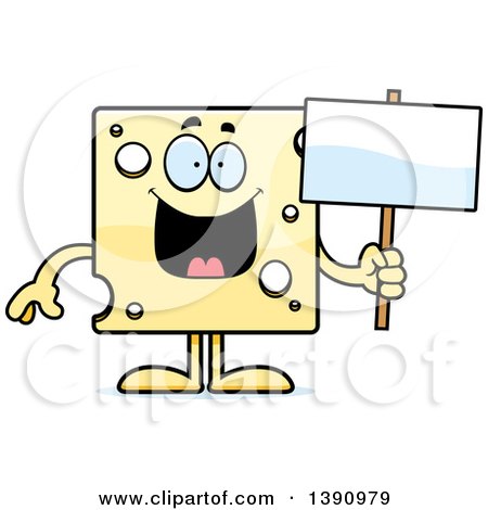 Clipart of a Cartoon Happy Swiss Cheese Mascot Character Holding a Blank Sign - Royalty Free Vector Illustration by Cory Thoman