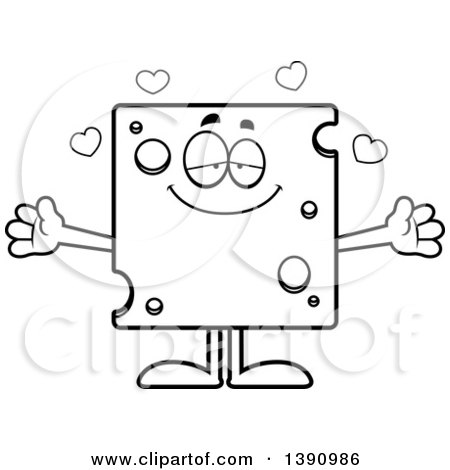 Clipart of a Cartoon Black and White Lineart Loving Swiss Cheese Mascot Character Wanting a Hug - Royalty Free Vector Illustration by Cory Thoman