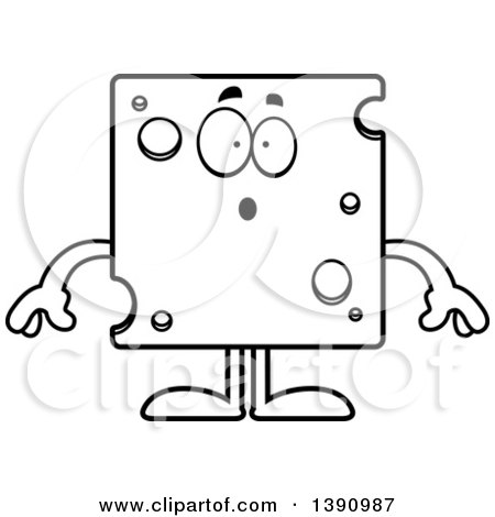 Clipart of a Cartoon Black and White Lineart Surprised Swiss Cheese Mascot Character - Royalty Free Vector Illustration by Cory Thoman