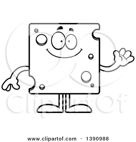 Clipart of a Cartoon Black and White Lineart Friendly Waving Swiss Cheese Mascot Character - Royalty Free Vector Illustration by Cory Thoman