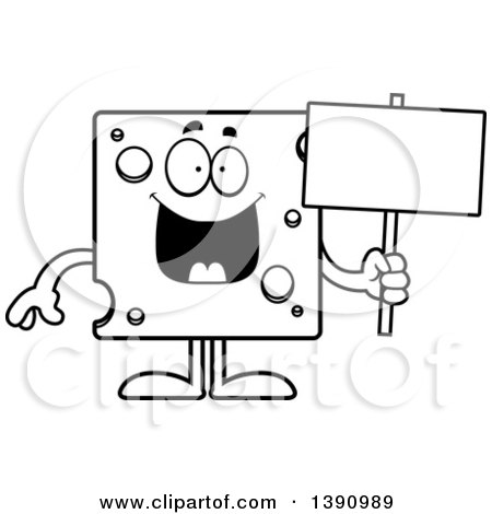 Clipart of a Cartoon Black and White Lineart Happy Swiss Cheese Mascot  Character Holding a Blank Sign - Royalty Free Vector Illustration by Cory  Thoman #1390989