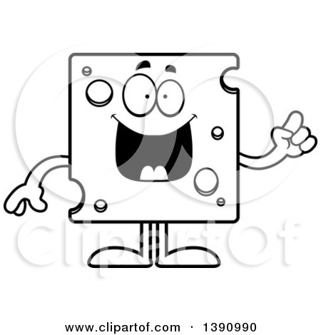 Clipart of a Cartoon Black and White Lineart Smart Swiss Cheese Mascot  Character with an Idea - Royalty Free Vector Illustration by Cory Thoman  #1390990