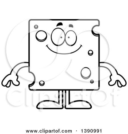Clipart of a Cartoon Black and White Lineart Happy Swiss Cheese Mascot Character - Royalty Free Vector Illustration by Cory Thoman