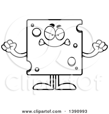Clipart of a Cartoon Black and White Lineart Mad Swiss Cheese Mascot Character - Royalty Free Vector Illustration by Cory Thoman