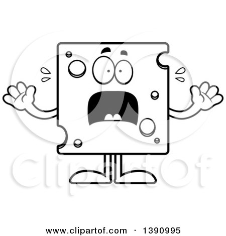 Clipart of a Cartoon Black and White Lineart Scared Swiss Cheese Mascot Character - Royalty Free Vector Illustration by Cory Thoman