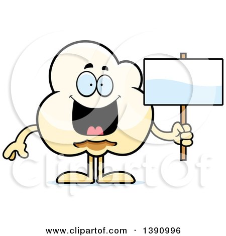Clipart of a Cartoon Happy Popcorn Mascot Character Holding a Blank Sign - Royalty Free Vector Illustration by Cory Thoman