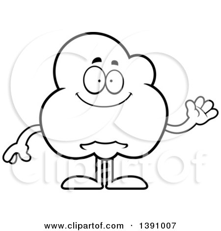 Clipart of a Cartoon Black and White Lineart Friendly Waving Popcorn Mascot Character - Royalty Free Vector Illustration by Cory Thoman