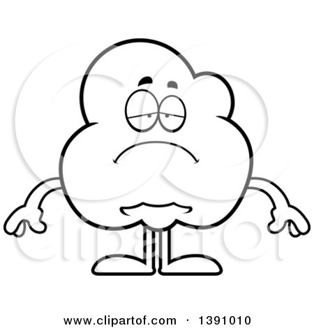 Clipart of a Cartoon Black and White Lineart Depressed Popcorn Mascot Character - Royalty Free Vector Illustration by Cory Thoman