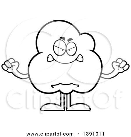 Clipart of a Cartoon Black and White Lineart Mad Popcorn Mascot Character - Royalty Free Vector Illustration by Cory Thoman
