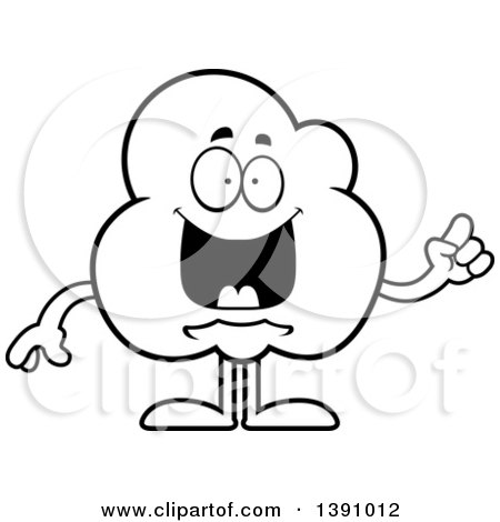 Clipart of a Cartoon Black and White Lineart Smart Popcorn Mascot Character with an Idea - Royalty Free Vector Illustration by Cory Thoman