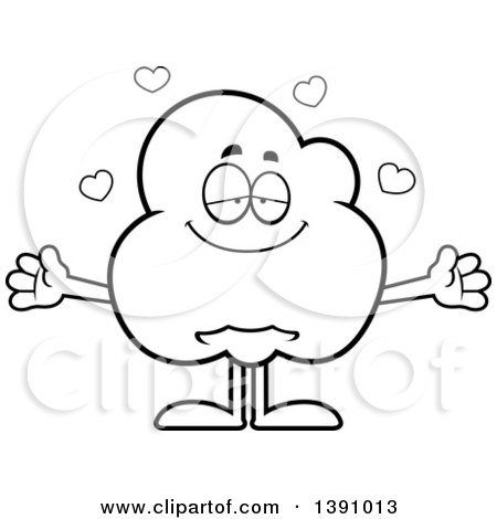 Clipart of a Cartoon Black and White Lineart Loving Popcorn Mascot Character Wanting a Hug - Royalty Free Vector Illustration by Cory Thoman