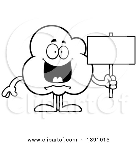Clipart of a Cartoon Black and White Lineart Happy Popcorn Mascot Character Holding a Blank Sign - Royalty Free Vector Illustration by Cory Thoman