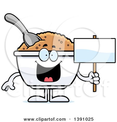 Clipart of a Cartoon Happy Bowl of Oatmeal Mascot Character Holding a Blank Sign - Royalty Free Vector Illustration by Cory Thoman