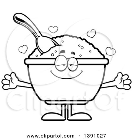 Clipart of a Cartoon Black and White Lineart Loving Bowl of Oatmeal Mascot Character Wanting a Hug - Royalty Free Vector Illustration by Cory Thoman