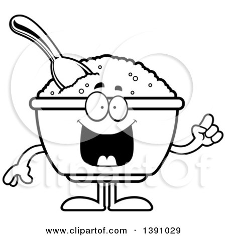 Clipart of a Cartoon Black and White Lineart Smart Bowl of Oatmeal Mascot Character with an Idea - Royalty Free Vector Illustration by Cory Thoman