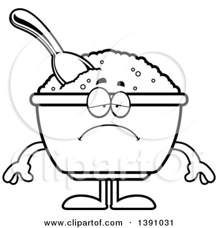 Clipart of a Cartoon Black and White Lineart Depressed Bowl of Oatmeal Mascot Character - Royalty Free Vector Illustration by Cory Thoman