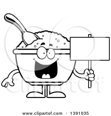 Clipart of a Cartoon Black and White Lineart Happy Bowl of Oatmeal Mascot Character Holding a Blank Sign - Royalty Free Vector Illustration by Cory Thoman