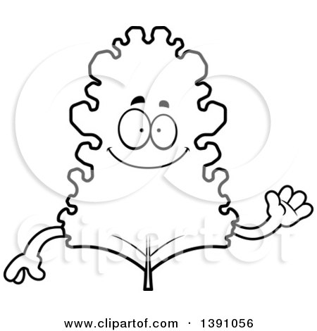 Clipart of a Cartoon Black and White Lineart Friendly Waving Kale Mascot Character - Royalty Free Vector Illustration by Cory Thoman