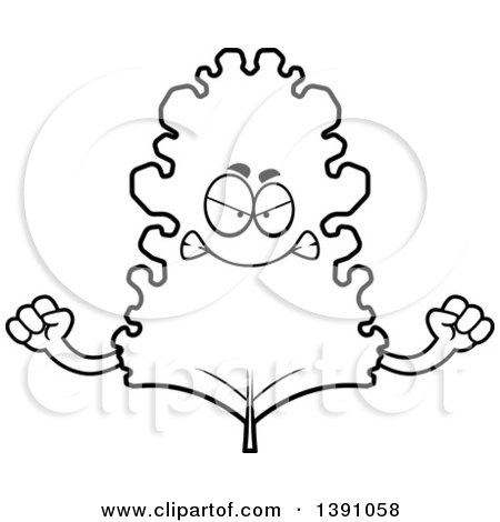 Clipart of a Cartoon Black and White Lineart Mad Kale Mascot Character - Royalty Free Vector Illustration by Cory Thoman