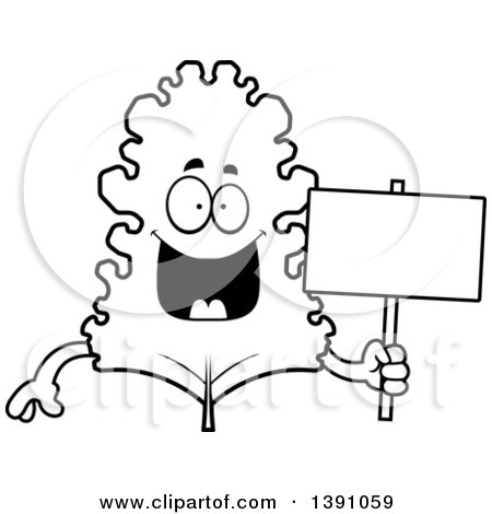 Clipart of a Cartoon Black and White Lineart Happy Kale Mascot Character Holding a Blank Sign - Royalty Free Vector Illustration by Cory Thoman