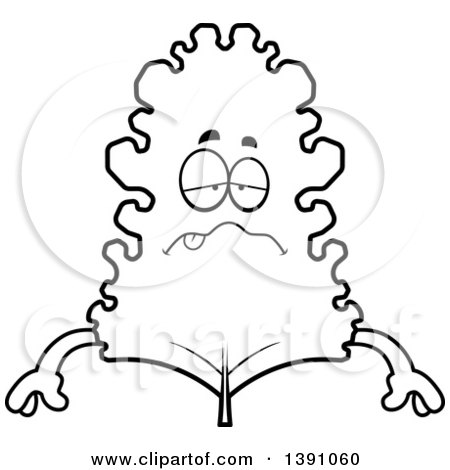 Clipart of a Cartoon Black and White Lineart Sick Kale Mascot Character - Royalty Free Vector Illustration by Cory Thoman