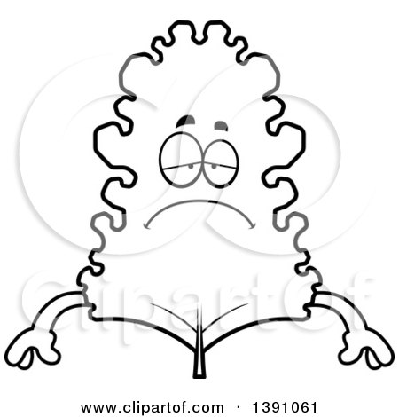 Clipart of a Cartoon Black and White Lineart Depressed Kale Mascot Character - Royalty Free Vector Illustration by Cory Thoman