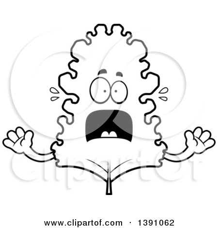 Clipart of a Cartoon Black and White Lineart Scared Happy Kale Mascot Character - Royalty Free Vector Illustration by Cory Thoman
