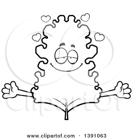 Clipart of a Cartoon Black and White Lineart Loving Kale Mascot Character Wanting a Hug - Royalty Free Vector Illustration by Cory Thoman