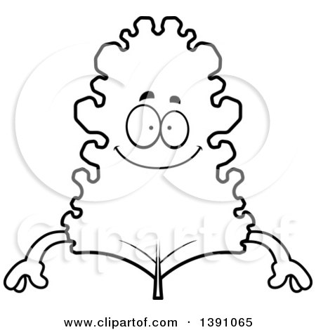 Clipart of a Cartoon Black and White Lineart Happy Kale Mascot Character - Royalty Free Vector Illustration by Cory Thoman