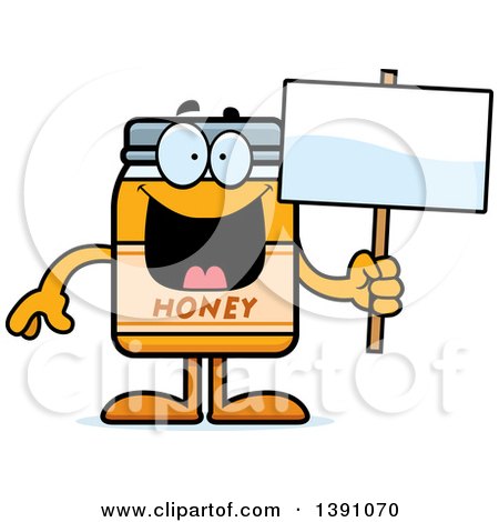 Clipart of a Cartoon Honey Jar Mascot Character Holding a Blank Sign - Royalty Free Vector Illustration by Cory Thoman