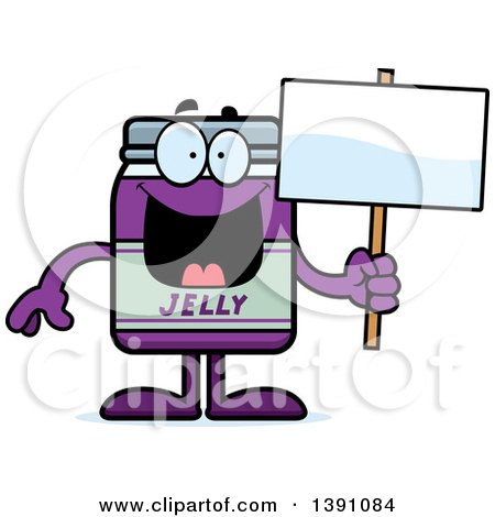 Clipart of a Cartoon Grape Jam Jelly Jar Mascot Character Holding a Blank Sign - Royalty Free Vector Illustration by Cory Thoman