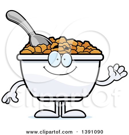 Clipart of a Cartoon Friendly Waving Bowl of Corn Flakes Breakfast Cereal Character - Royalty Free Vector Illustration by Cory Thoman