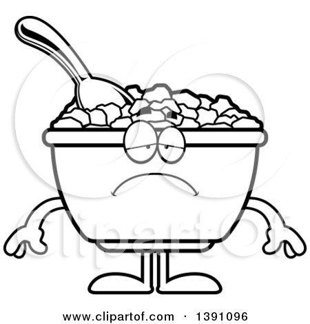 Clipart of a Cartoon Black and White Lineart Depressed Bowl of Corn Flakes Breakfast Cereal Character - Royalty Free Vector Illustration by Cory Thoman