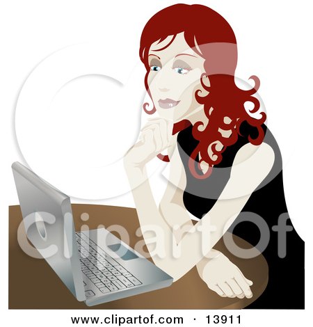 Pretty Redhead Businesswoman Sitting in Front of a Laptop Computer Clipart Illustration by AtStockIllustration