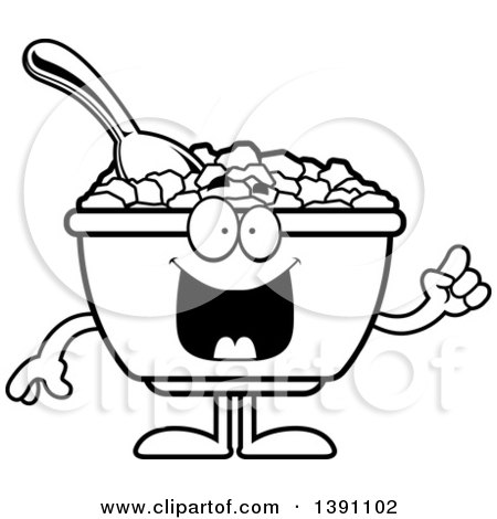 Clipart of a Cartoon Black and White Lineart Friendly Waving Bowl of Corn Flakes Breakfast Cereal Character - Royalty Free Vector Illustration by Cory Thoman