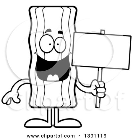 Clipart of a Cartoon Black and White Lineart Crispy Bacon Character Holding a Blank Sign - Royalty Free Vector Illustration by Cory Thoman