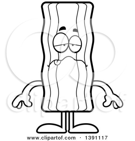 Clipart of a Cartoon Black and White Lineart Sick Crispy Bacon Character - Royalty Free Vector Illustration by Cory Thoman