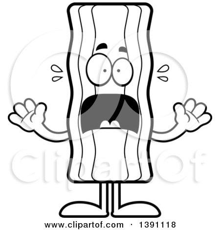 Clipart of a Cartoon Black and White Lineart Scared Crispy Bacon Character - Royalty Free Vector Illustration by Cory Thoman