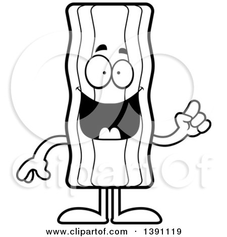 Clipart of a Cartoon Black and White Lineart Crispy Bacon Character with an Idea - Royalty Free Vector Illustration by Cory Thoman